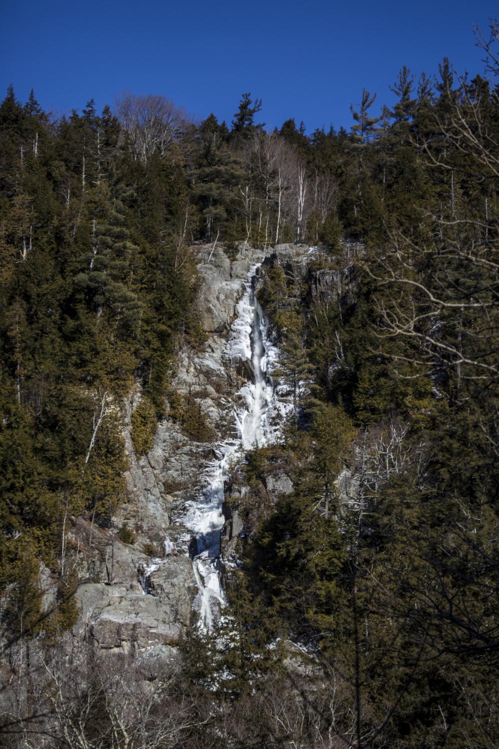 Aerial view of a frozen Roaring Brook Falls in Keene Valley, NY