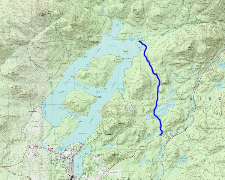 The route to Whiteface Landing highlighted in blue
