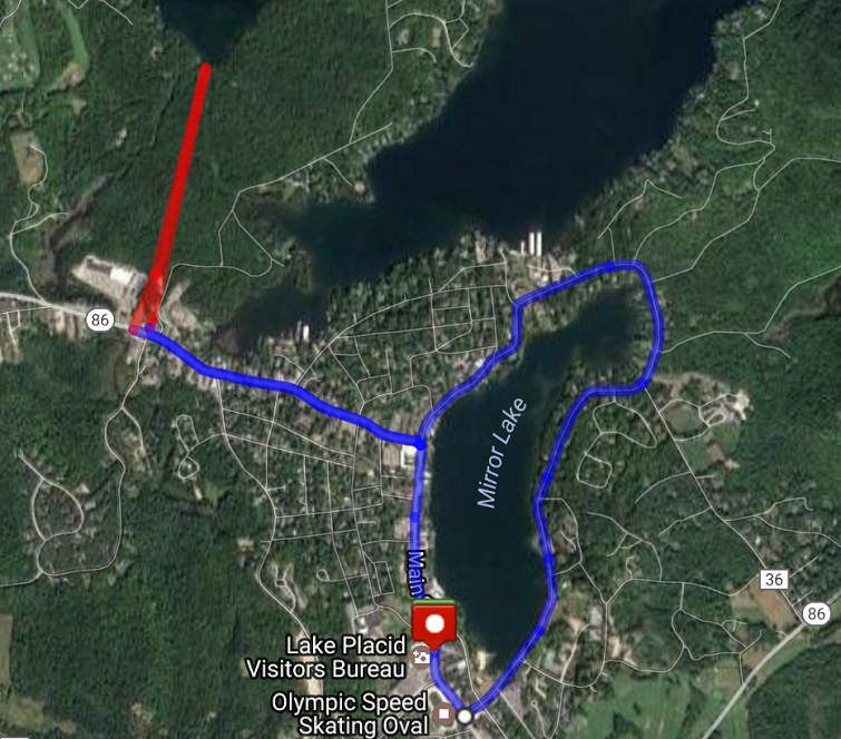 Satellite image of the 10k walking route in Lake Placid.