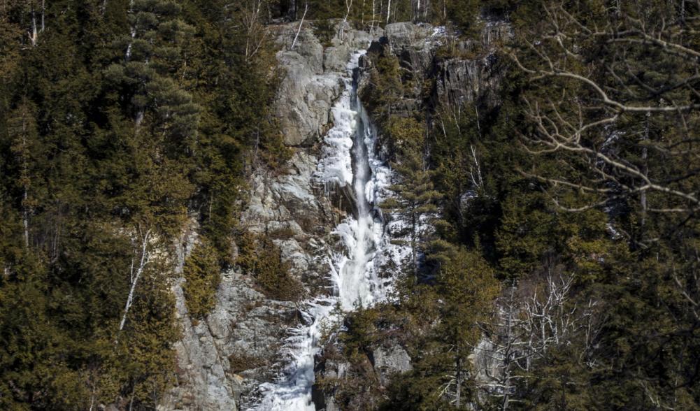 Aerial view of a frozen Roaring Brook Falls in Keene Valley, NY