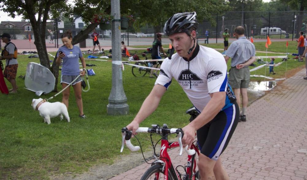 A participant transitioning from swim to bike