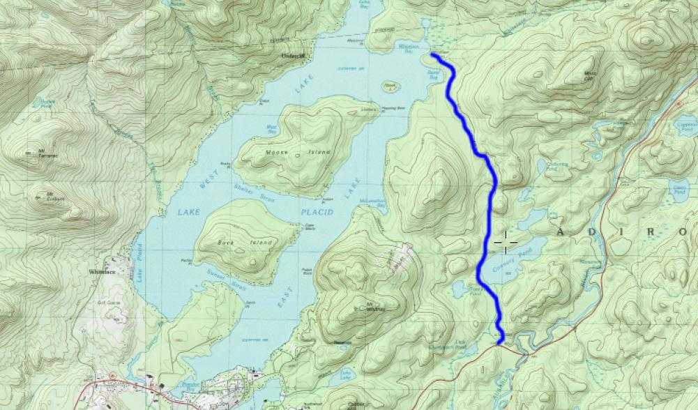 The route to Whiteface Landing highlighted in blue