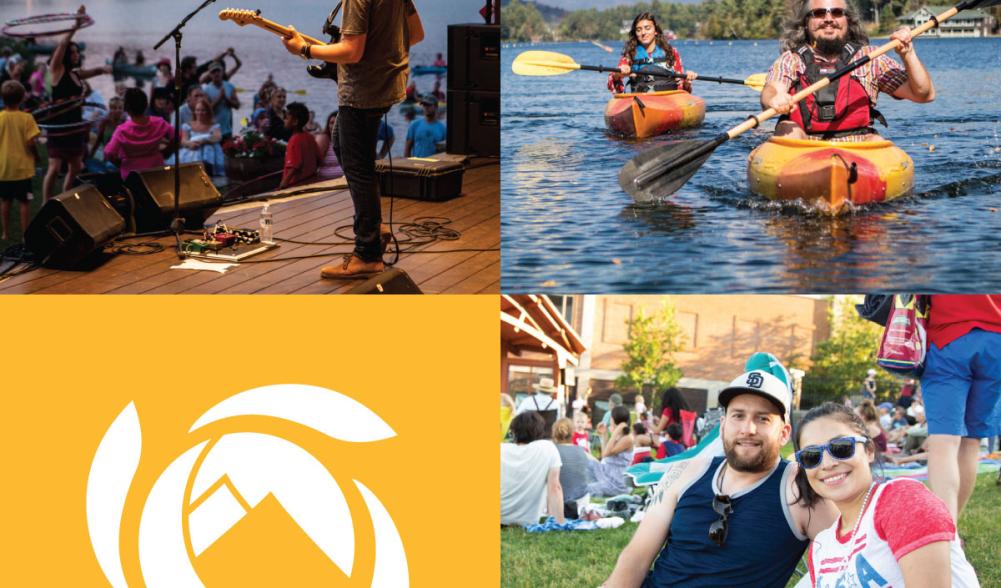 Image Grid: Musician performs at Mid's Park, couple relaxes on a picnic blanket, couple paddles on Mirror Lake