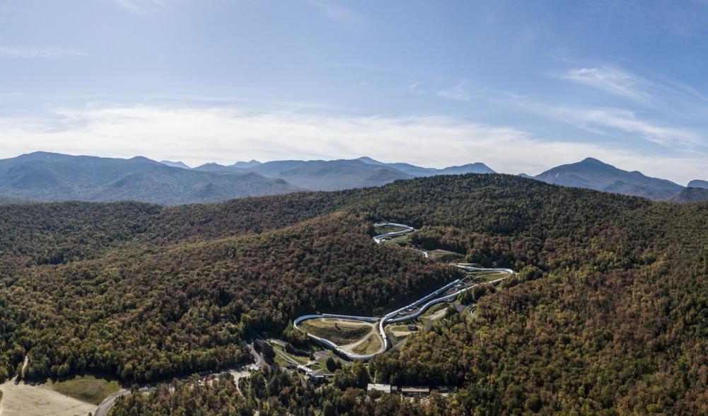 Aerial view of forest and the Mt. Van Hoevenberg Campus