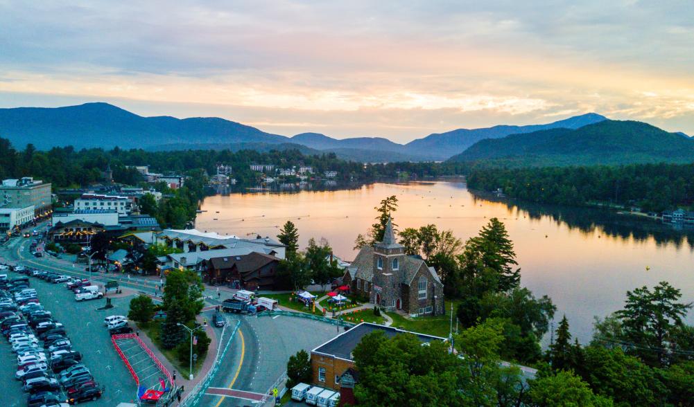 An aerial view of Lake Placid at sunset.