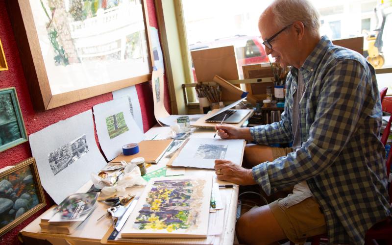 Artist Tim Fortune in his studio in Saranac Lake