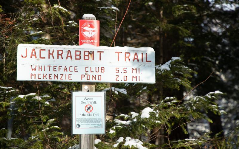 A white sign for the Jackrabbit Trail