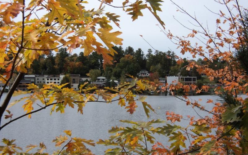 A view of a town across a lake through fall colored trees