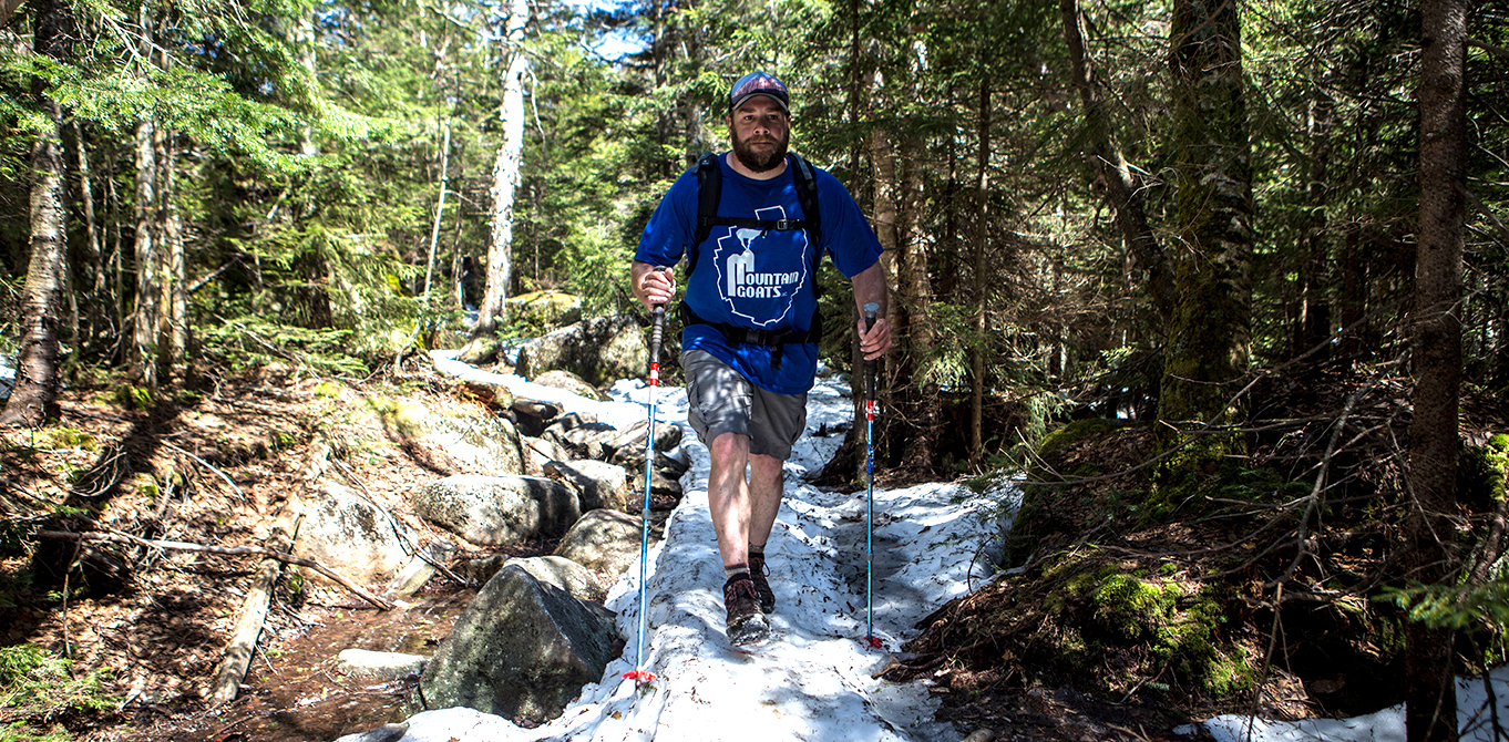 Snow often persists on trails in the High Peaks through May.