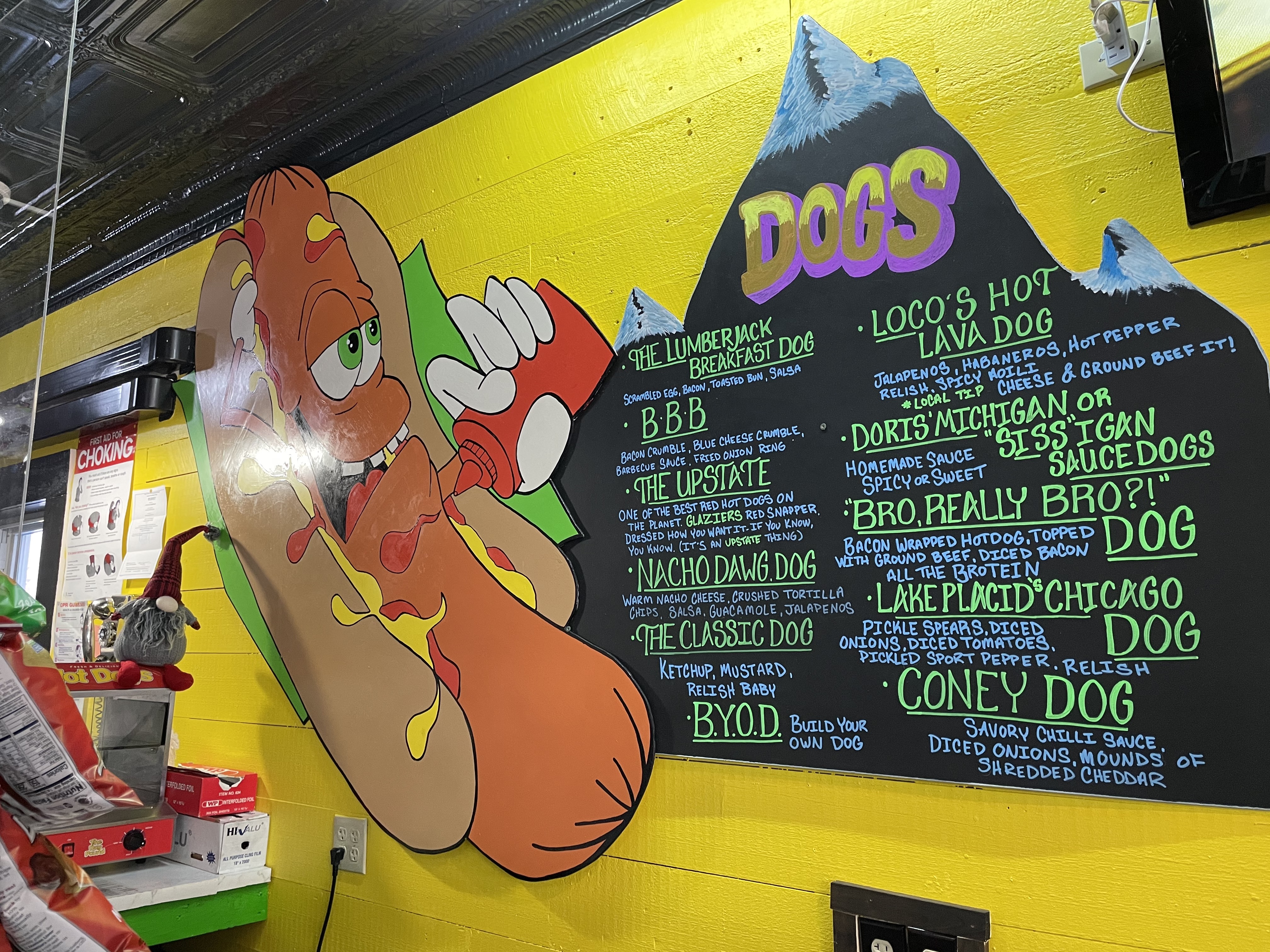Cocoa and Dough&#44; Co.'s hot dog menu&#44; shaped like a mountain.