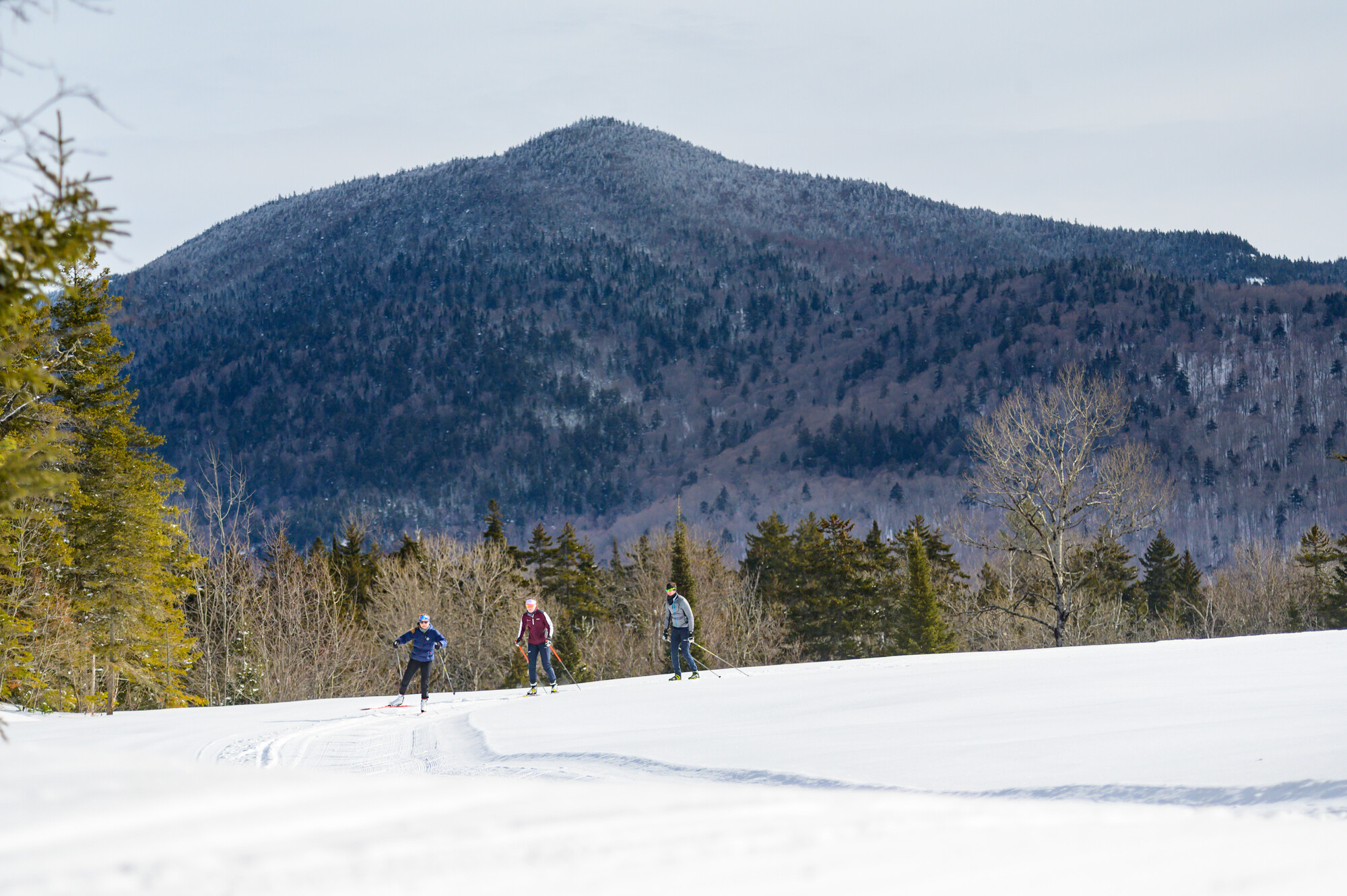 Cross-country skiers glide across snow with an Adirondack peak behind them.
