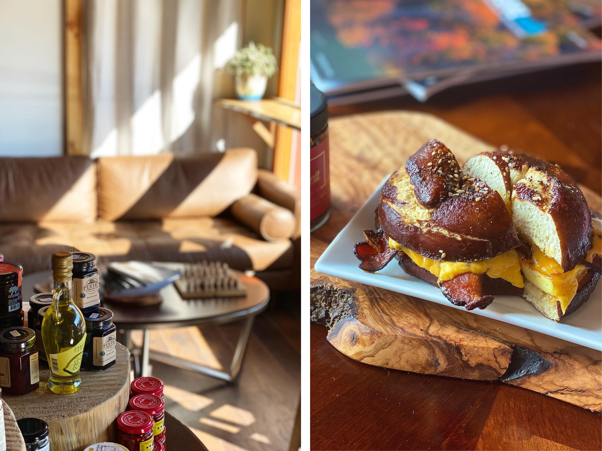 On the left is a photo of the table full of jams&#44; mustards&#44; and other items for sale. To the right is the most delicious breakfast sandwich you've ever seen&#44; made on a sourdough pretzel bagel.