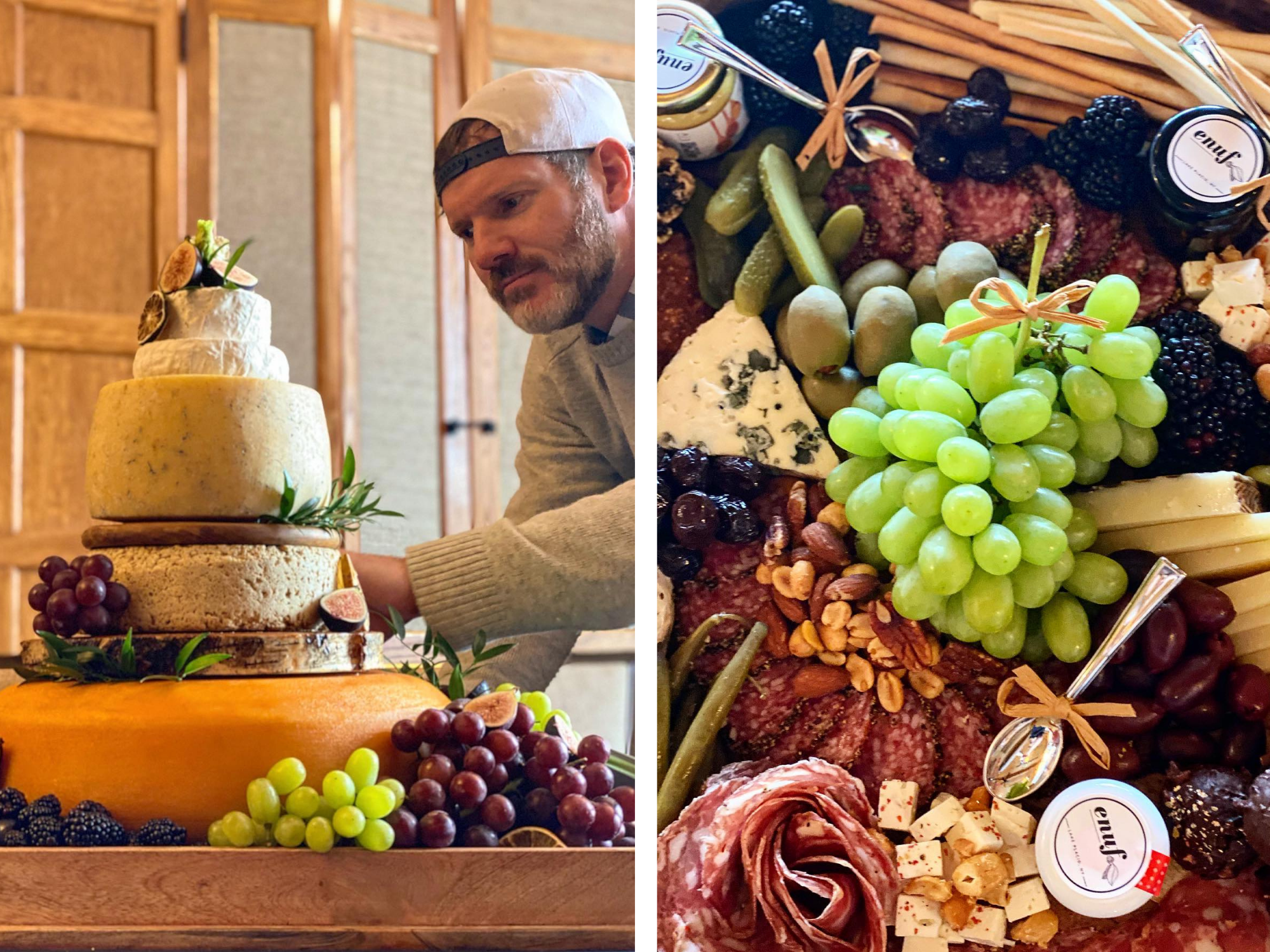 In the photo to the left&#44; Dan decorates a tower of cheese wheels. On the right is a close up of one of their jammed packed cheese and grape boards