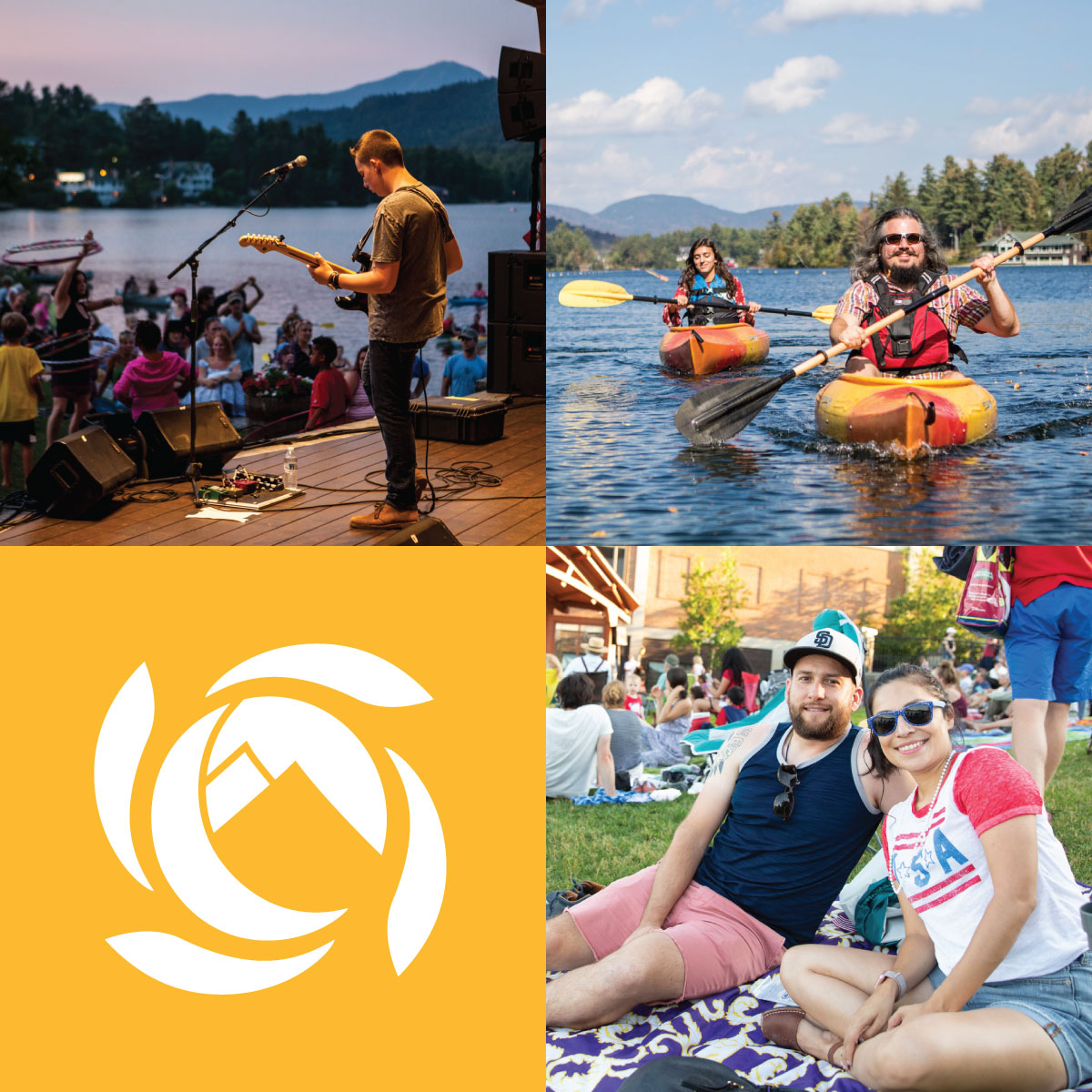 Image Grid: Musician performs at Mid's Park&#44; couple relaxes on a picnic blanket&#44; couple paddles on Mirror Lake