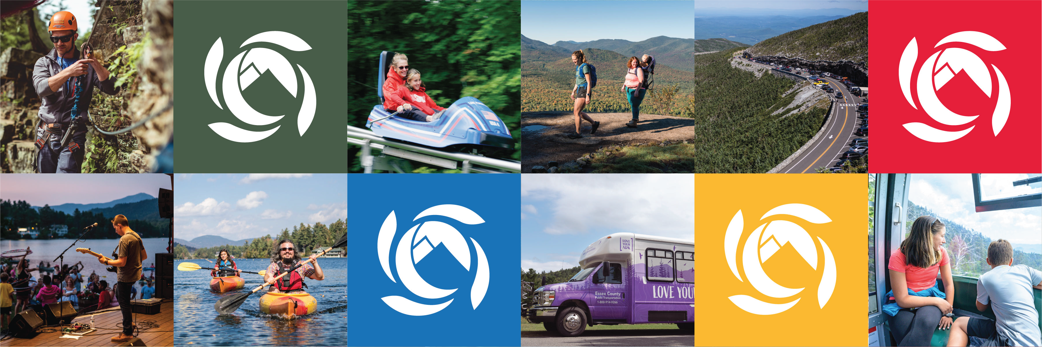 Image grid of summer activities including hiking&#44; paddling&#44; music&#44; and sightseeing.