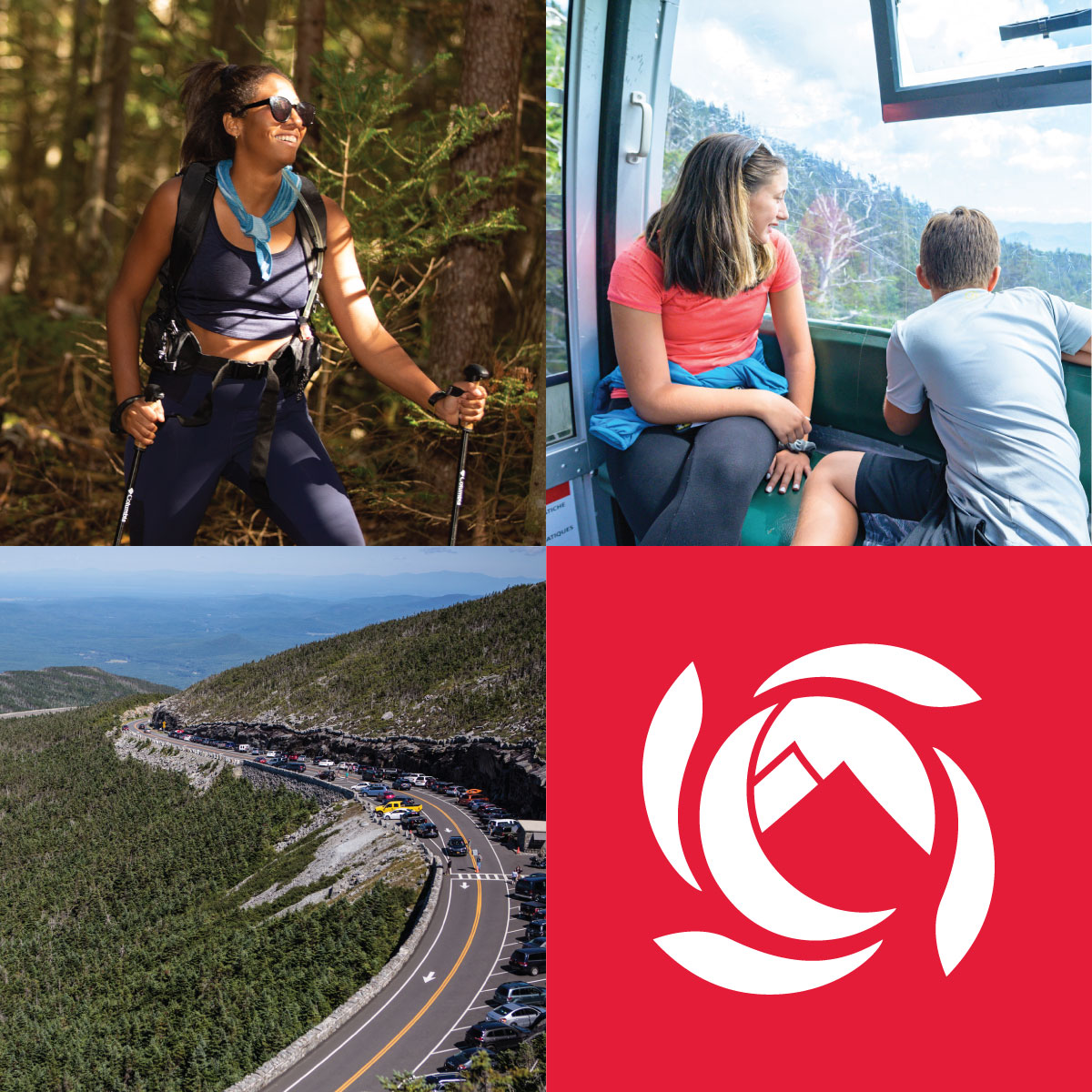 Grid of images. Hiking&#44; Gondola ride&#44; and Whiteface Memorial Highway