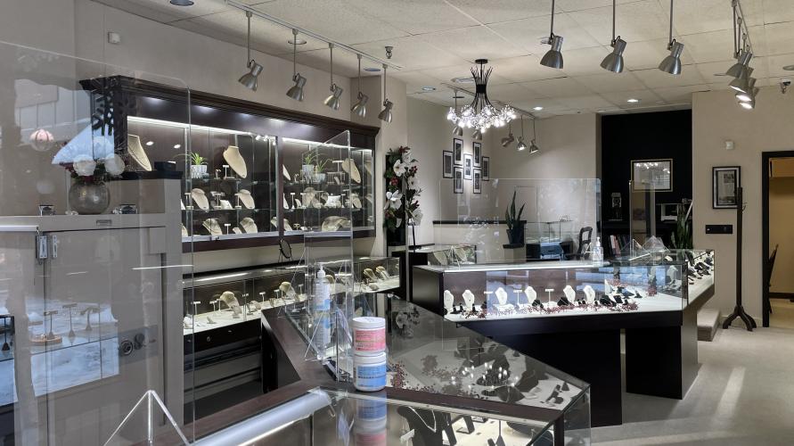 The interior of a sparkling jewelry store.
