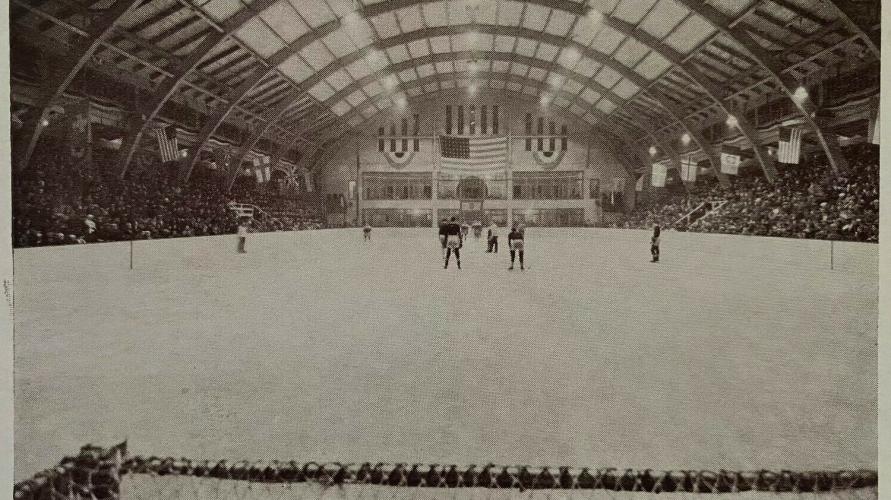 A vintage, black and white image of the 1932 Lake Placid Olympic Arena