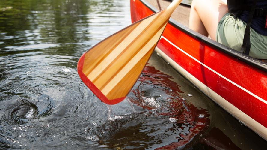 Close up of a canoe paddle in the water