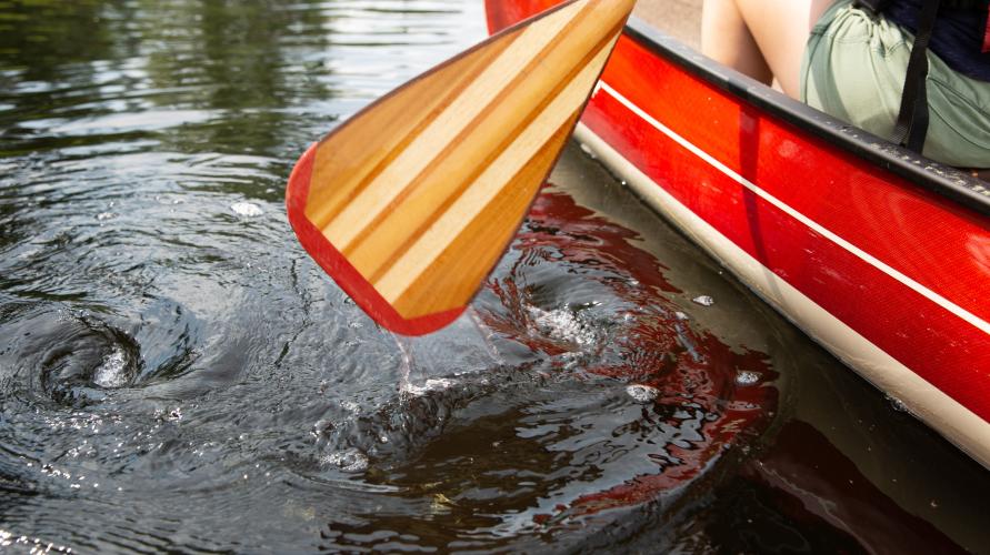 Close up of a canoe paddle in the water