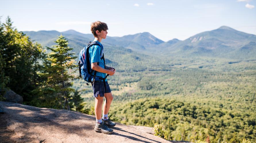 A young boy stands on an open rock summit.
