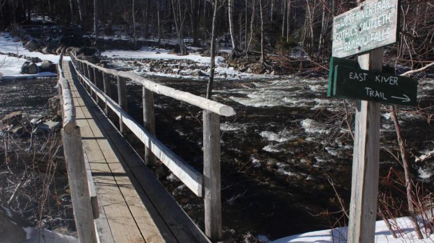 A bridge crosses a river along the trail to Rainbow Falls