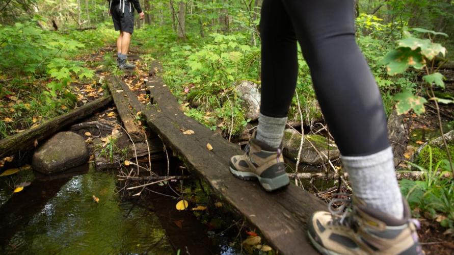 Two people walk across a wood plank