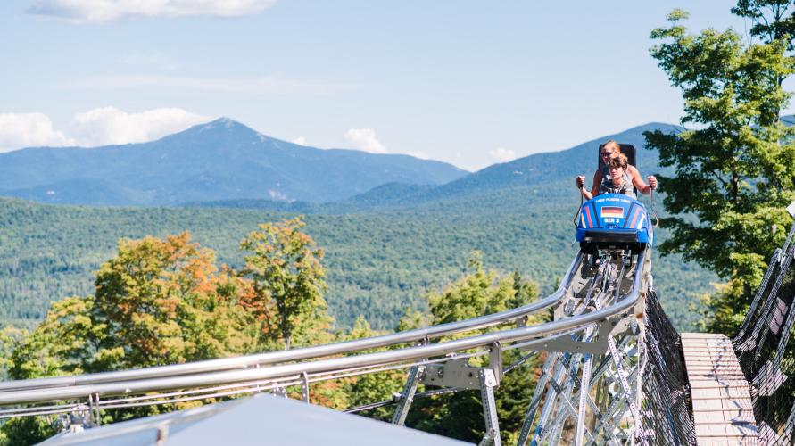 Adult and child in mountain coaster with mountain view in background