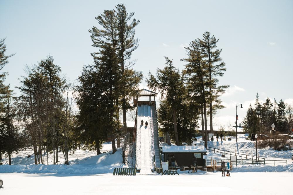 A view of the Lake Placid toboggan chute from frozen Mirror Lake