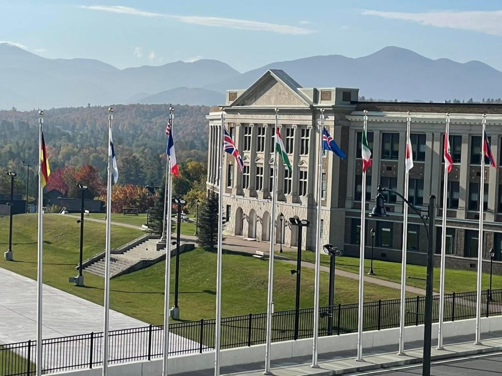 The front of the Olympic Center during peak fall foliage change in the Lake Placid area