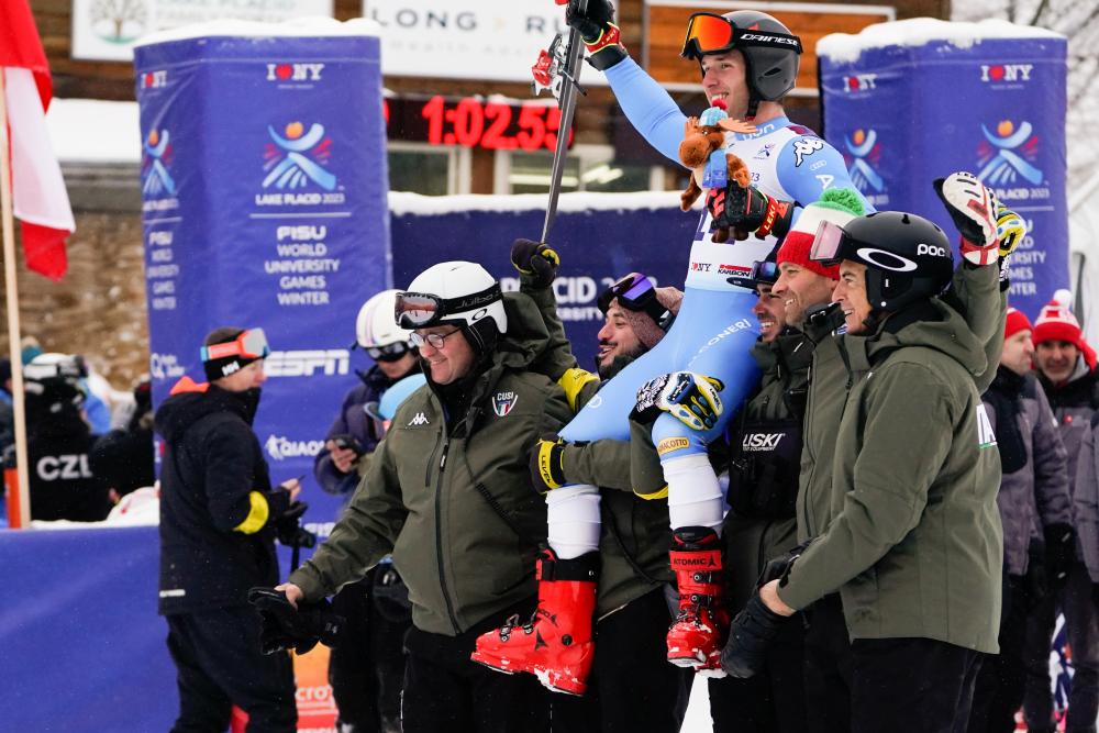 Finish line celebration at Whiteface Mountain after the Men's Super G. Finish line celebration at Whiteface Mountain