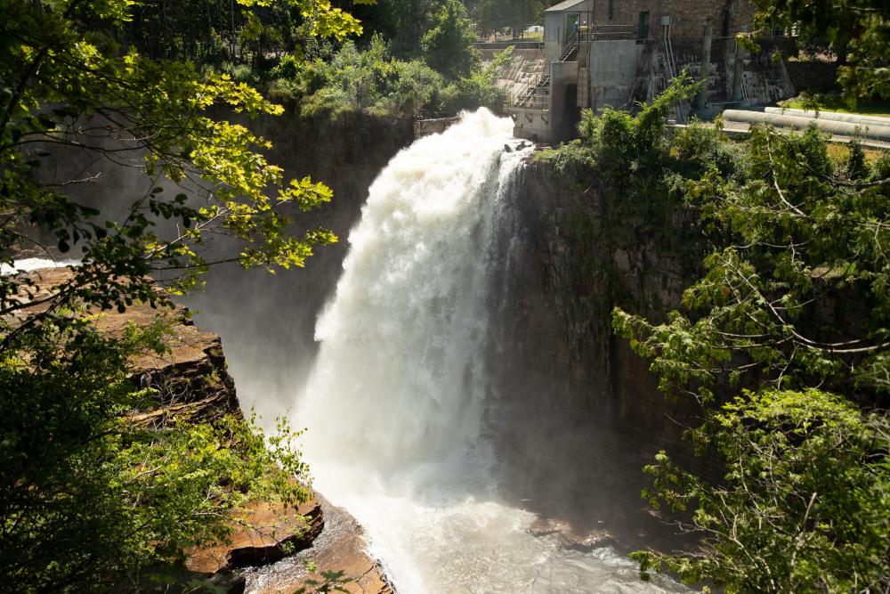 View of a waterfall at Ausable Chasm in Keeseville, New York during summer