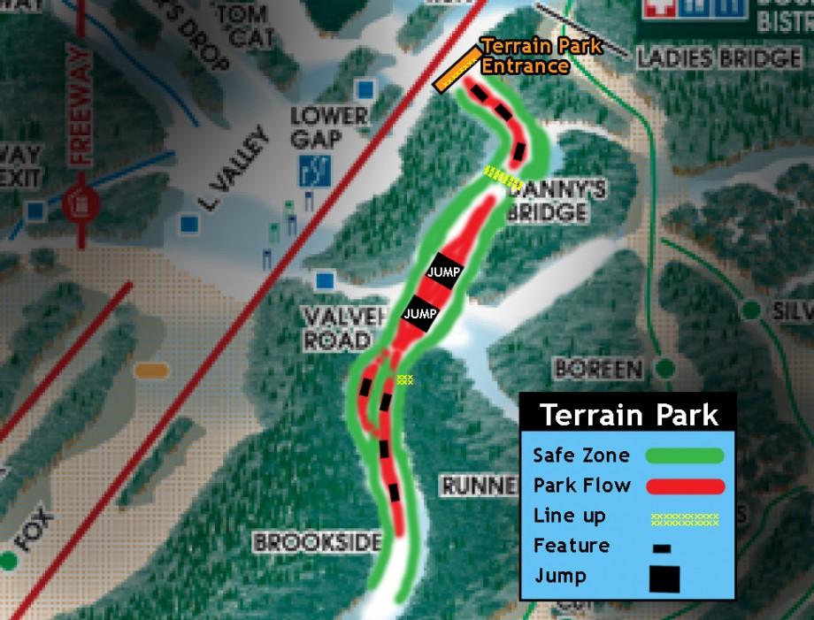 Terrain Park Flow example map, showing Safe Ski Zone Terrainn Park example map, showing safe ski zones