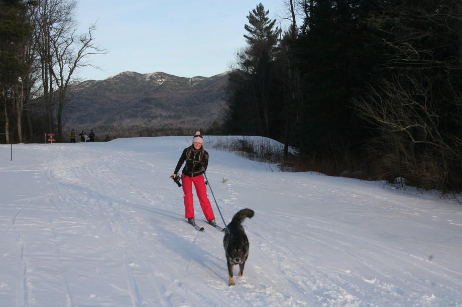 Getting a helpful pull on the way to the Lake Placid Pub and Brewery on the Jackrabbit Trail