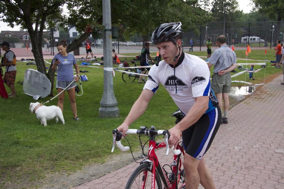 A participant transitioning from swim to bike