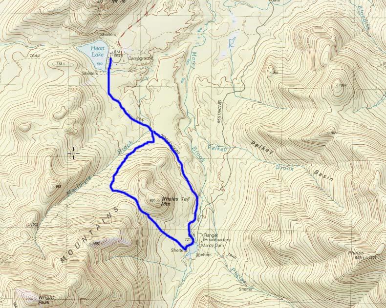 The Whale's Tail Ski Route highlighted in blue