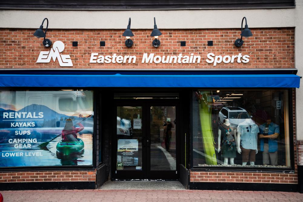 The front windows of Eastern Mountain Sports in Lake Placid