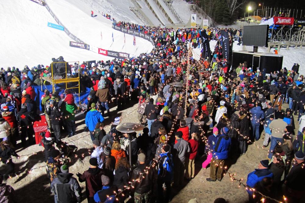 Huge crowds fill the stadium at the World Cup Aerials each year.