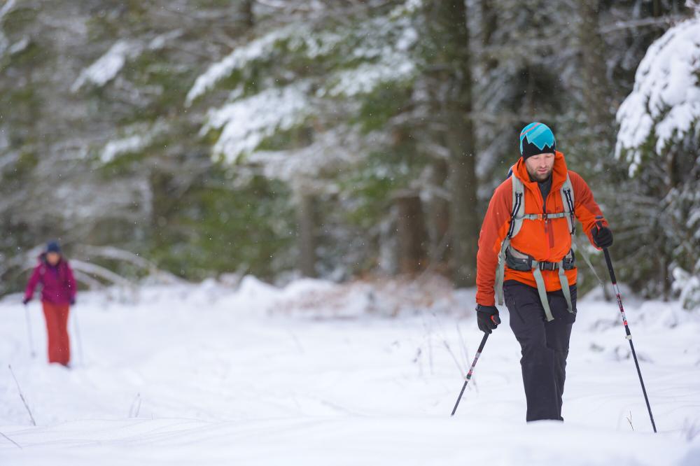 A male cross-country skier skiing down a snowy trail in the woods with a woman skiing in the background.