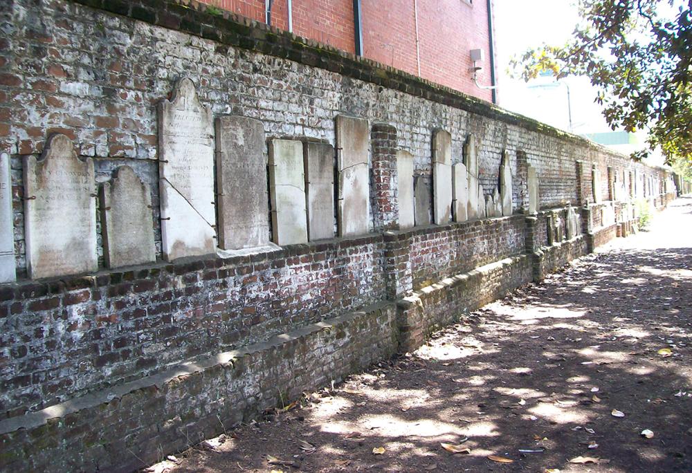 Brick wall with headstones in Colonial Park Cemetery