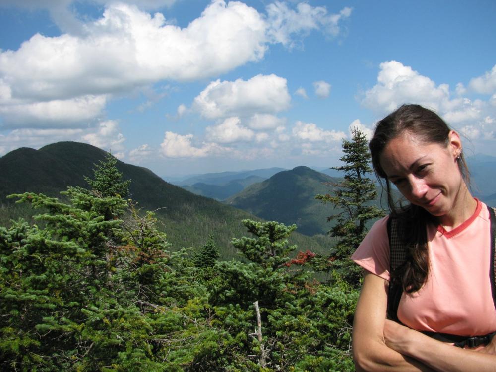 Anna shakes her head at the antics of Belle the dog during a hike in the Seward Range.