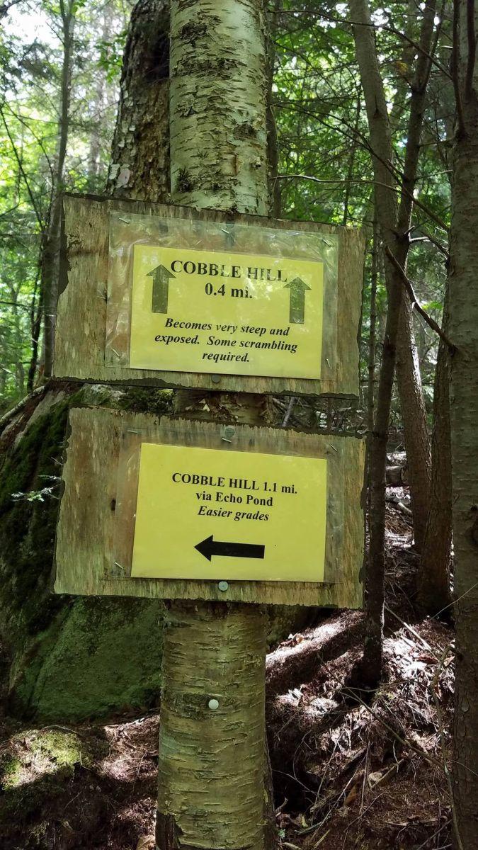 Signs directing you to two different approaches to the summit of Cobble Hill