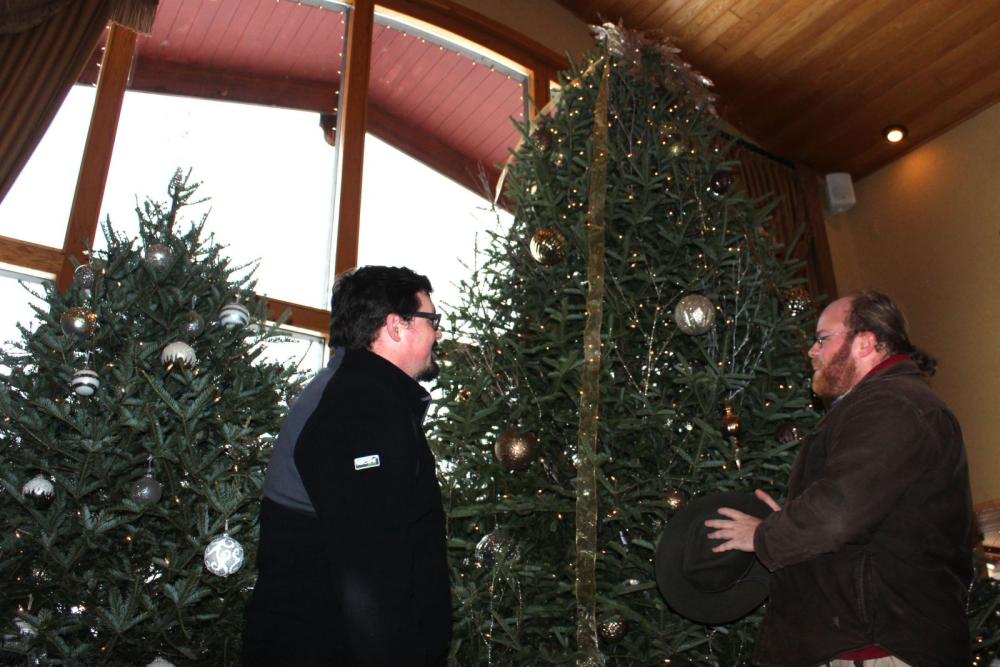 Dan and Glenn are dwarfed by the Golden Arrow's gigantic tree.