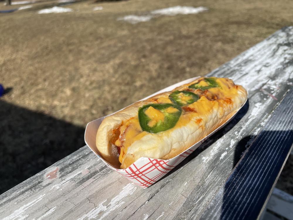 A Cocoa and Dough, Co. hot dog on a picnic table.