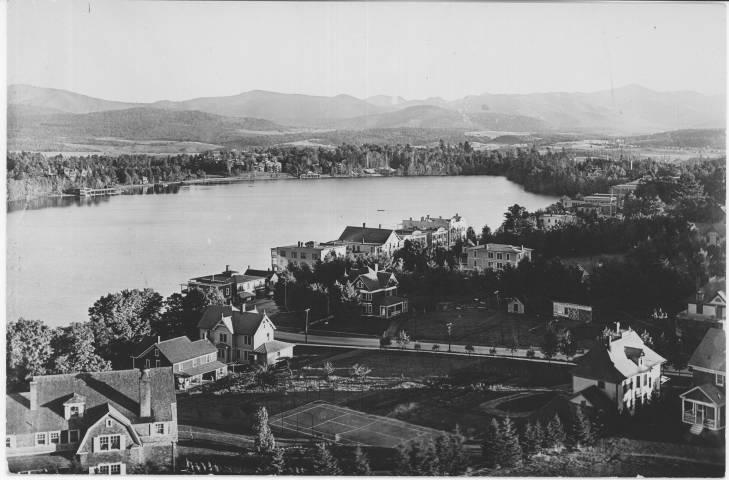 Image courtesy Lake Placid Public Library. Vintage aerial photo of Lake Placid and Mirror Lake, circa 1926. Image courtesy Lake Placid Public Library.
