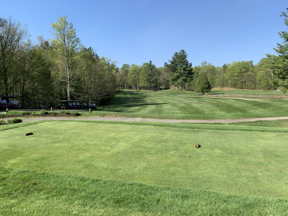 The #1 tee and fairway at Whiteface Resort The #1 tee and fairway at Whiteface Resort in the sunshine, with trees all around.