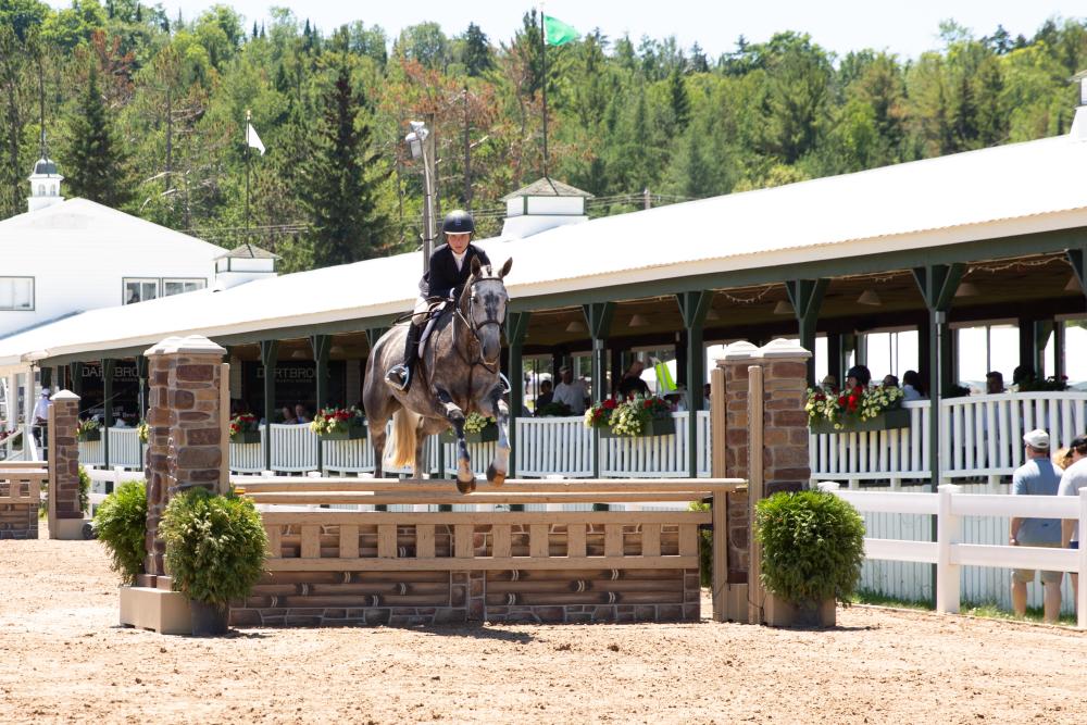 A participant riding a horse as it jumps during competition