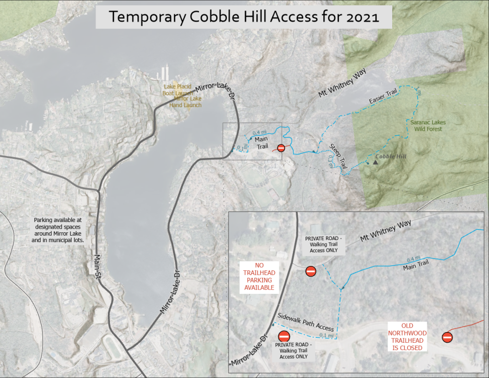 Map of Cobble Hill and where to park in Lake Placid.