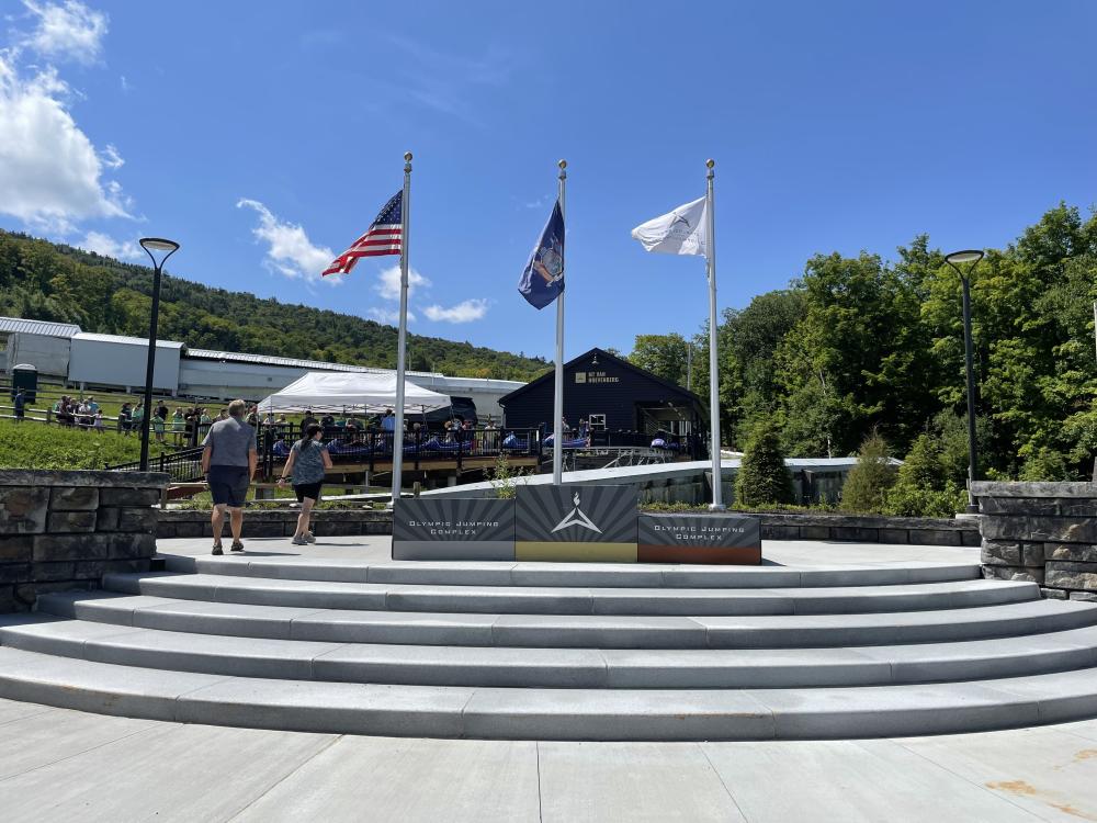 The medal ceremony stand with the Mountain Coaster in the background.