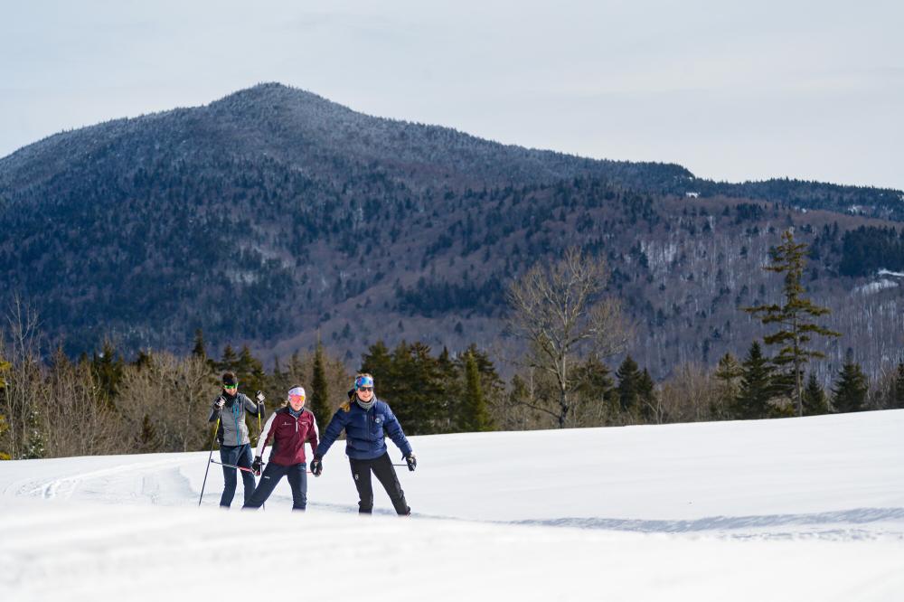 Three people cross country ski with mountain in background